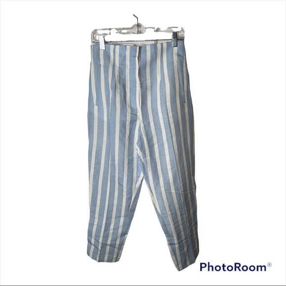 NWT ZARA Blue White Striped Linen Blend High Rise Cropped Trousers Size Medium - Picture 6 of 11